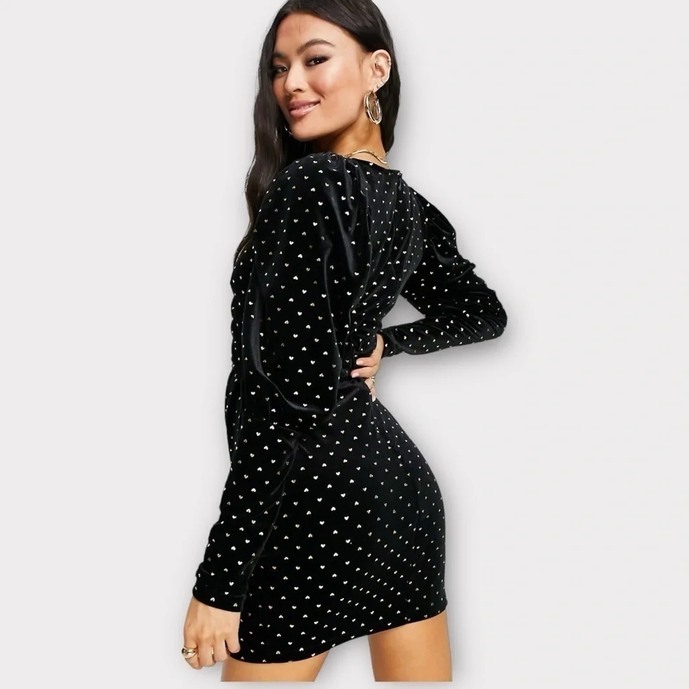 Saint Genies Heart Print Velvet Faux Wrap Mini Dress Black and Gold NWT - Picture 14 of 14
